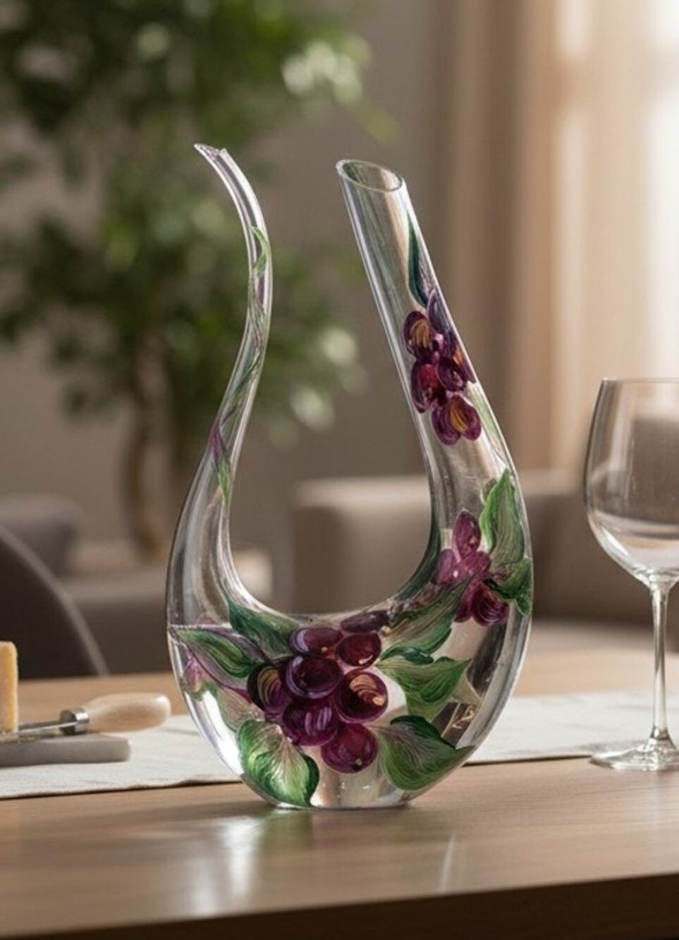 Hand Painted Floral Wine Decanter by NEX Glass Artist Signed 13 Inch Tall